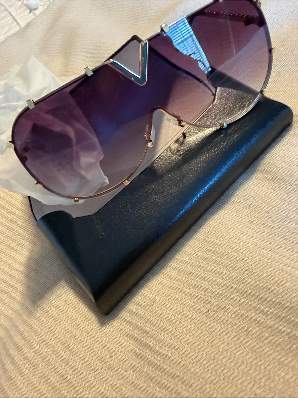 Purple Gradient Shield Sunglasses with Gold Accent